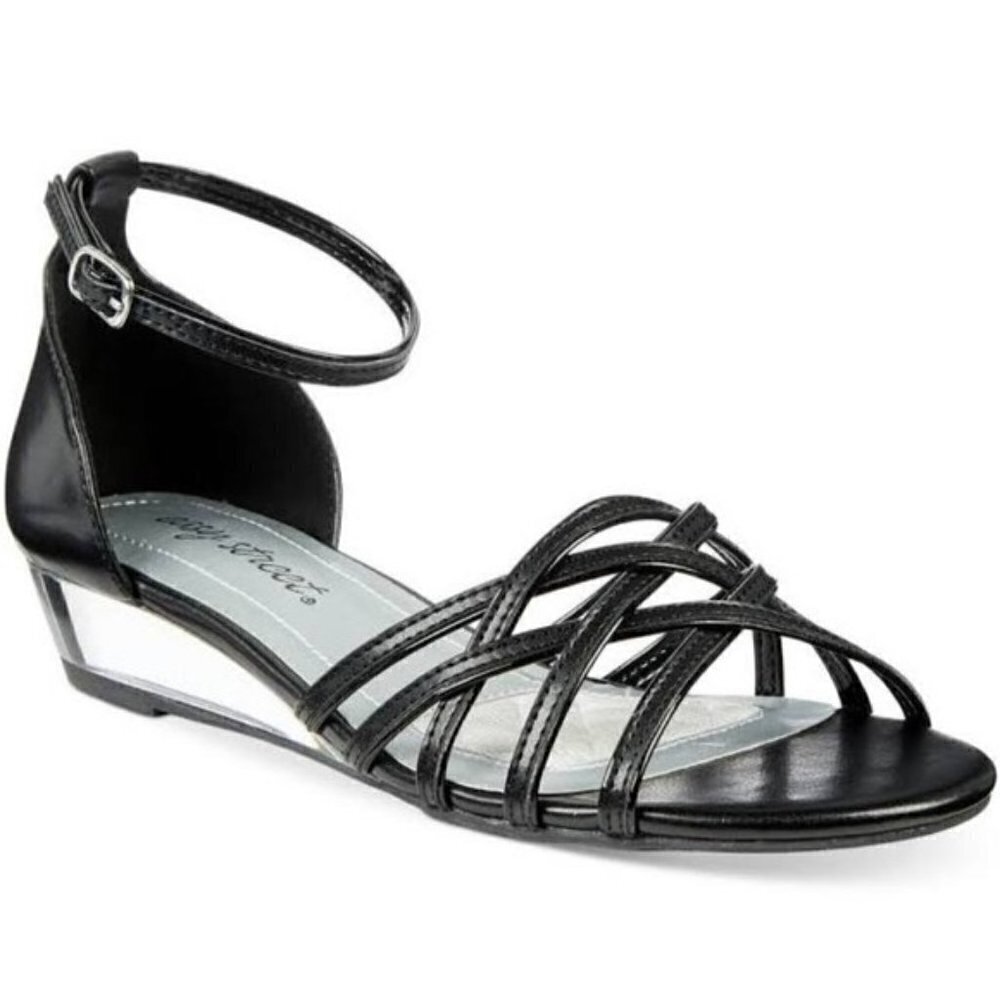 Easy Street Tarrah Evening Sandals Black Patent Clear Wedge